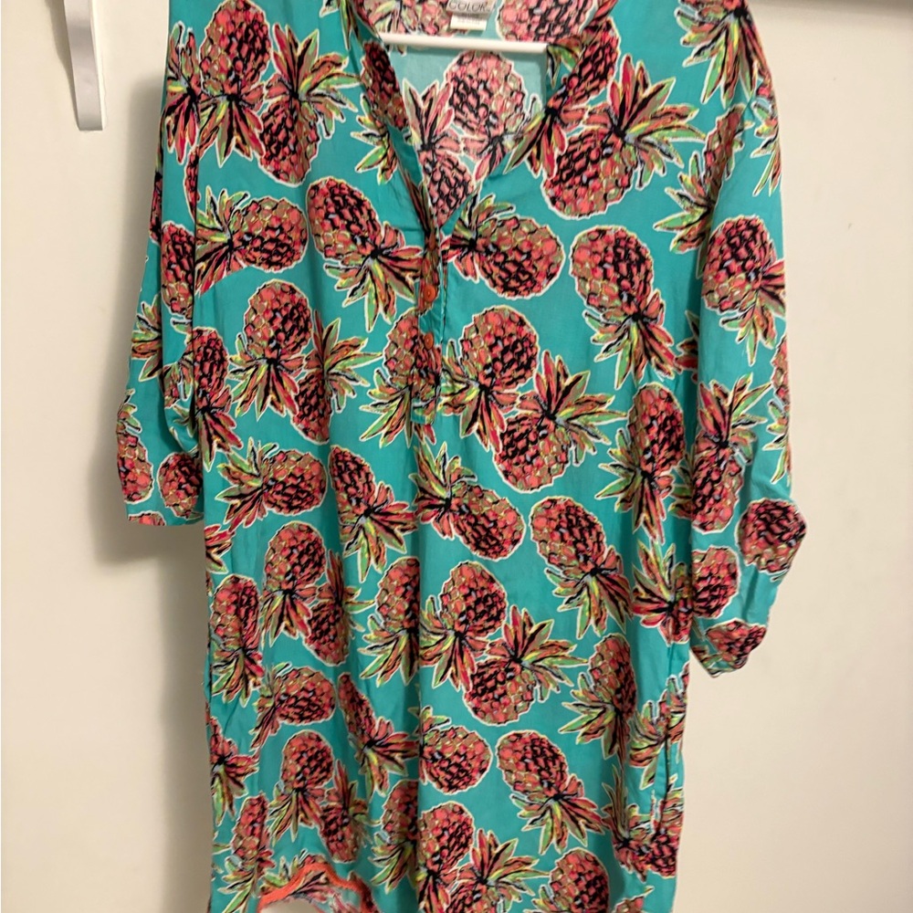 All For Color Blue 3/4 Sleeve Boxy Button Front Top